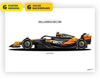 May include: A poster design featuring a side view of a McLaren MCL39 Formula 1 race car. The car is black and orange with sponsor logos, and the text "LANDO NORRIS" is below it. The poster also includes text that says "6 POSTER DESIGNS" and "6 COLOR BACKGROUNDS".