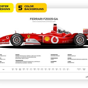 Könnte beinhalten: Ein roter Ferrari F2003-GA Formel-1-Rennwagen mit dem Vodafone-Logo an der Seite. Das Auto befindet sich auf einem weißen Hintergrund mit technischen Daten, die unten aufgeführt sind.