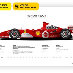 F1 Ferrari F2004, Michael Schumacher car, World Champion 2004 - Vector illustration style poster, 35 poster variants