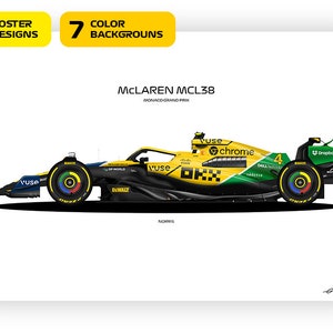 F1 McLaren MCL38, Lando Norris car 2024, Monaco Grand Prix Livery (Ayrton Senna Tribute) - Vector illustration style poster, 28 variants,