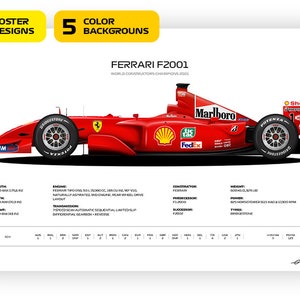 F1 Ferrari F2001, Michael Schumacher car, World Champion 2001 - Vector illustration style poster, 35 poster variants