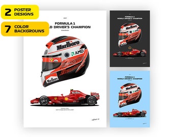 F1 Ferrari F2007, Kimi Raikkonen car 2007, Vector illustration poster, 14 poster variants, Perfect Gift