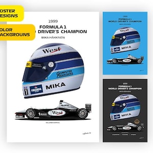 F1 McLaren MP4-14 car and Helmet Mika Häkkinen World Champion 1999 - Vector illustration style poster, 18 poster variants, gift