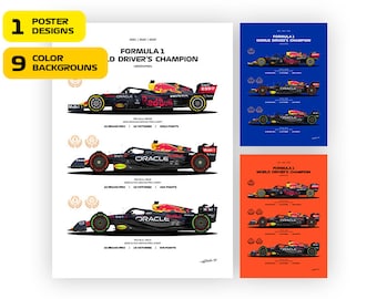 Max Verstappen Red Bull F1 Car Poster: RB16B, RB18, RB19 (9 Variants)