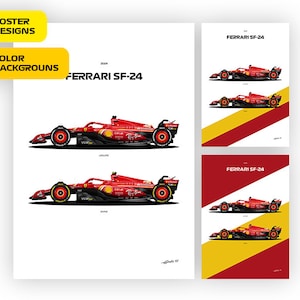 F1 Ferrari SF-24, Charles Leclerc and Carlos Sainz car 2024 - Vector illustration style poster, 16 poster variants