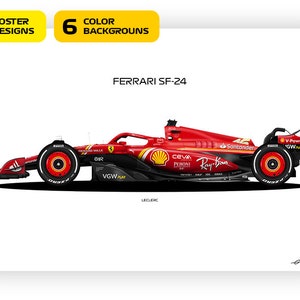 Pode incluir: Um carro de corrida de Fórmula 1 Ferrari SF-24 vermelho, preto e amarelo com o nome do piloto "Leclerc" e logotipos de patrocinadores, incluindo "Santander", "Ray-Ban" e "V-Power", em um fundo branco.