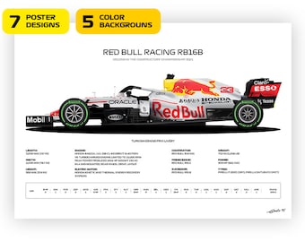 F1 Red Bull RB16B, Turkish GP Special White Livery, Max Verstappen car, World Champion 2021 - Vector illustration style poster, 35 variants