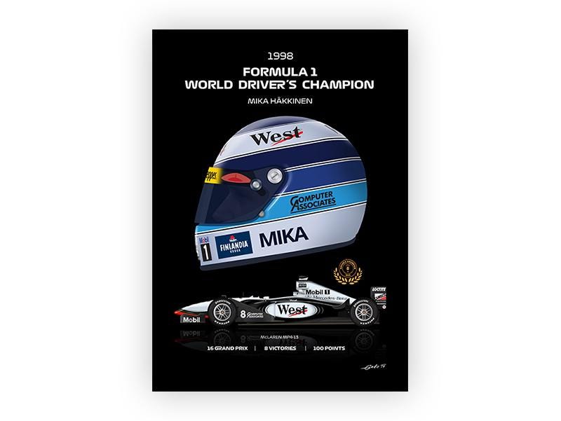Mika Häkkinen 1998 Mclaren MP4-13 F1 Car Poster: Vector Art Print