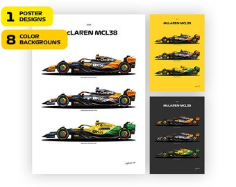 F1 McLaren MCL38, Norris and Piastri car 2024, Bahrain, Japanese, Monaco GP Livery - Vector illustration style poster, 8 poster variants,