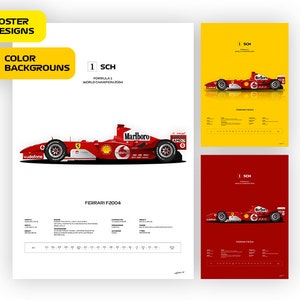 F1 Ferrari F2004, Michael Schumacher car, World Champion 2004 - Vector illustration style poster, 50 poster variants