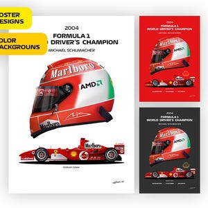 F1 Ferrari F2004 and Helmet, Michael Schumacher World Champion 2004 - Vector illustration style poster, 16 poster variants