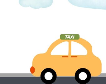 Taxi amarillo, obra de arte infantil, guardería, habitación infantil