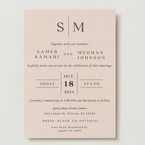 May include: Wedding invitation with a cream background and black text. The invitation is for the wedding of Samer Ramahi and Meghan Johnson on Friday, October 18, 2024 at 6 PM. The ceremony will be held at Glory Days Event Center, 444 Lemon St. Clayton, SC 44420. The dress code is black tie optional. RSVP by August 15, 2024.