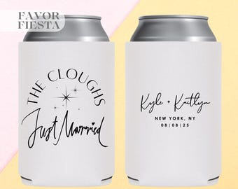 Personalized Just Married Can Coolers | Custom Wedding Favors with Couple Name & Date | Minimalist Modern Wedding Drink Sleeves for guests