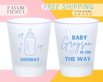 Baby Shower Shot Glasses for Boys, Custom Baby Is On The Way Favors, Personalized Blue Baby Shower Cups, Baby Boy Sip and See Party Favors
