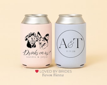 Custom Pet Portrait Wedding Can Coolers, Modern Minimalist Dog Wedding Favors, Personalized Drinks On Us Sleeves, Rustic Gifts, Dog Lovers