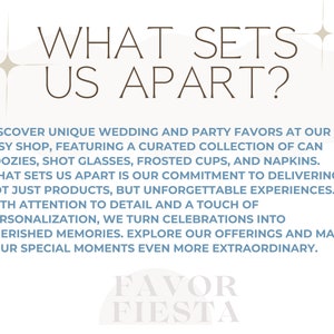Puede incluir: Fondo blanco con texto que dice "WHAT SETS US APART?" y detalles sobre una tienda de Etsy que ofrece recuerdos de boda y fiesta, incluyendo koozies, vasos de chupito, vasos esmerilados y servilletas. La tienda se enfoca en crear experiencias inolvidables.
