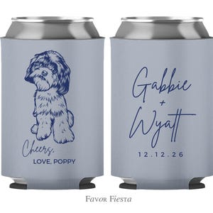 Dog Drawing Wedding Can Cooler, custom hand drawn favor, Dog Illustration Can Cooler, Pet not invited to wedding, rustic, Blue wedding favor