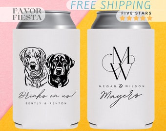 May include: Two white can coolers with black designs. One cooler features a monogram with the letters "M" and "W" intertwined, with the text "Megan & Wilson Mayers". The other cooler features a black and white illustration of two dogs with the text "Drinks on us! Bently & Ashton".
