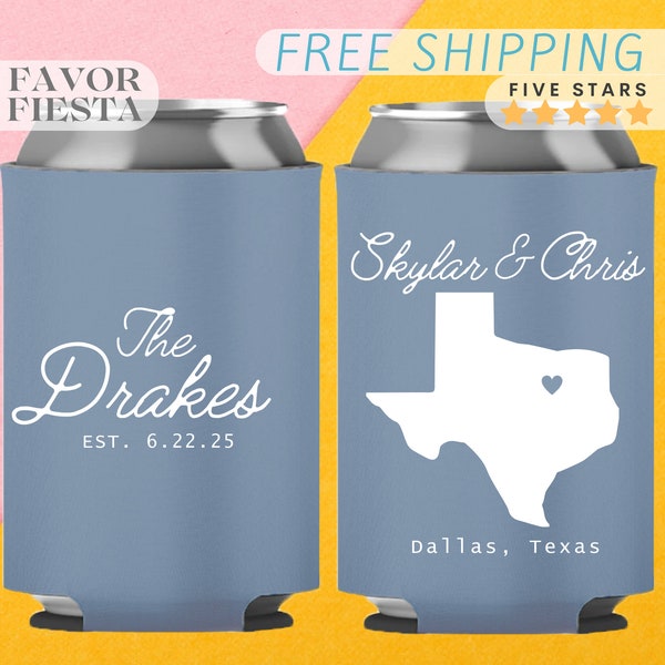 Personalized State Wedding Can Cooler with Heart City Marker for wedding favors for Texas Wedding
