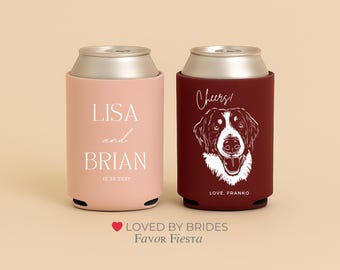 Custom Dog Wedding Can Coolers | Woof Design | Hand Drawn Pet Portrait | Personalized Dog Lover Wedding Favors | Popular dog portrait Favor