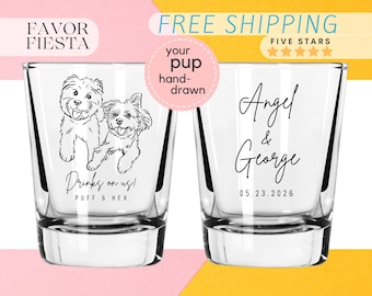 Custom Dog Wedding Shot Glasses, Hand Drawn Pet Portrait shot Glasses, Personalized Wedding Favors for Dog Lovers, Drinks on Us Glass