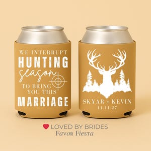 Rustic hunting wedding can coolers with deer design, forest artwork, custom names, and wedding date