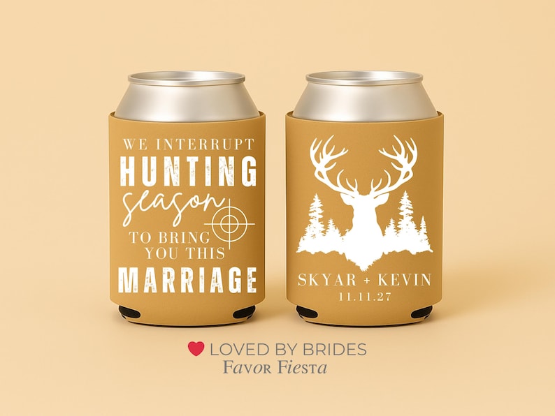 Rustic hunting wedding can coolers with deer design, forest artwork, custom names, and wedding date