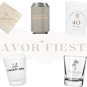 May include: Five different party favor items, including a white napkin with the text "The Williamsons" in gold lettering, a brown can cooler with the text "Roxanne & Timothy" in gold lettering, a clear plastic cup with the text "Cheers and beers to 40 years June 22, 2024" in gold lettering, a white shot glass with the text "hello twenty-one" in black lettering, and a clear glass with the text "The Robinsons Alt West, Florida" in gold lettering and a palm tree graphic.