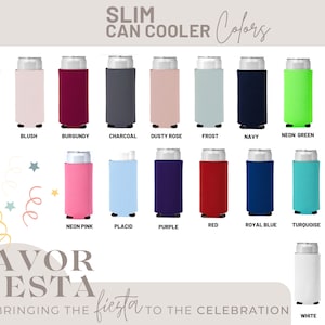 Puede incluir: En la imagen, una colecci&oacute;n de enfriadores de latas delgadas en varios colores: negro, rubor, borgo&ntilde;a, carb&oacute;n, rosa polvoriento, escarcha, azul marino, verde ne&oacute;n, naranja ne&oacute;n, rosa ne&oacute;n, pl&aacute;cido, morado, rojo, azul real, turquesa, naranja Texas, blanco y amarillo. Texto: "SLIM CAN COOLER Colors".