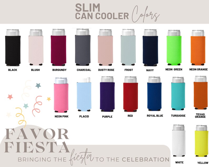 Puede incluir: En la imagen, una colecci&oacute;n de enfriadores de latas delgadas en varios colores: negro, rubor, borgo&ntilde;a, carb&oacute;n, rosa polvoriento, escarcha, azul marino, verde ne&oacute;n, naranja ne&oacute;n, rosa ne&oacute;n, pl&aacute;cido, morado, rojo, azul real, turquesa, naranja Texas, blanco y amarillo. Texto: "SLIM CAN COOLER Colors".