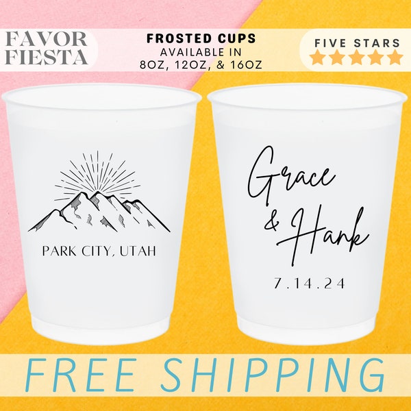 Custom Mountain Wedding Frosted Cups Personalized Cups for Rustic Mountain Themed Wedding Favors in Bulk