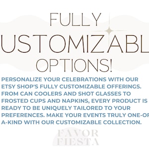 Puede incluir: Fondo blanco con texto marr&oacute;n "FULLY CUSTOMIZABLE OPTIONS!". El texto de abajo dice: "PERSONALIZA TUS CELEBRACIONES CON LAS OFERTAS TOTALMENTE PERSONALIZABLES DE NUESTRA TIENDA ETSY."