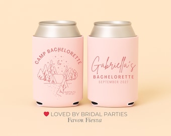 Camp Bachelorette Can Coolers Personalized | Custom Bach Party Favor | Girls Trip Weekend | Camping Theme Bach Gift | Neoprene Upgrade