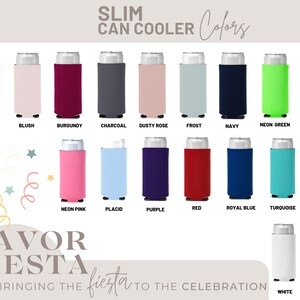May include: A chart showing 20 different colors of slim can coolers. The colors include black, blush, burgundy, charcoal, dusty rose, frost, navy, neon green, neon orange, neon pink, placid, purple, red, royal blue, turquoise, texas orange, white, and yellow.