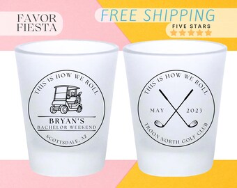 Custom Bachelor Party Shot Glasses, Golf Weekend Favors, This Is How We Roll Design, Groom Squad Gifts, Personalized Bachelor Bar Glasses
