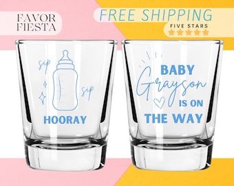 Personalized Baby Shower Shot Glass for Boys, Custom Baby Is On The Way Favors, Personalized Blue Baby Shower Cups, Gender reveal Favors
