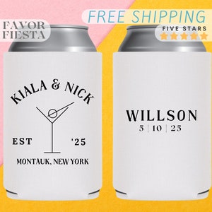 Simple last name Wedding Can Cooler with Modern Martini cup, Stylish Wedding Favor for guest in bulk, can sleeve, elegant, couples shower