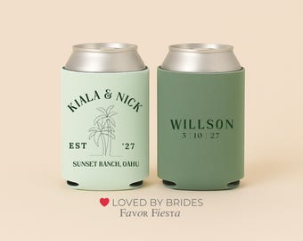 Custom Palm Tree Wedding Can Cooler | Tropical Destination Wedding | Custom Name Date Location | Popular Wedding Can Coolers | Hawaii Favors