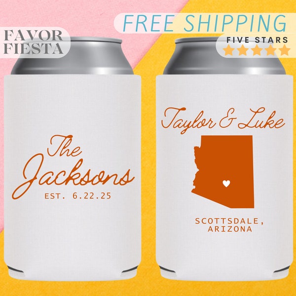 Personalized State Wedding Can Cooler with Heart City Marker for wedding favors