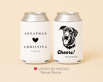 Custom Dog Wedding Can Coolers | Cheers Design | Hand Drawn Pet Portrait | Personalized Dog Lover Wedding Favor | Pet Portrait Wedding Favor