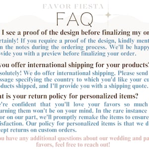 Op de afbeelding: Afbeelding met de tekst "FAVOR FIESTA FAQ". De tekst bevat vragen en antwoorden over proeven, internationale verzending en retourbeleid voor gepersonaliseerde artikelen. De tekst is in bruin, blauw en wit.