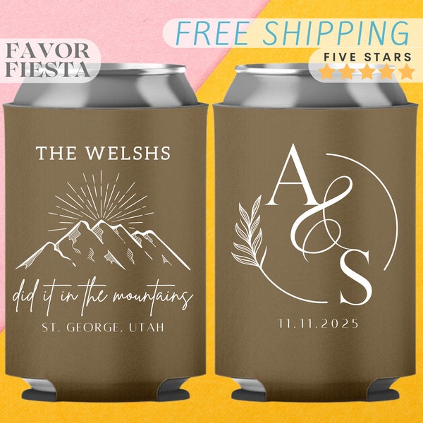 We Did it in the Mountains Custom Modern Mountain Wedding Can Cooler with Initials For Wedding Guest favor for guest in bulk Can Cooler