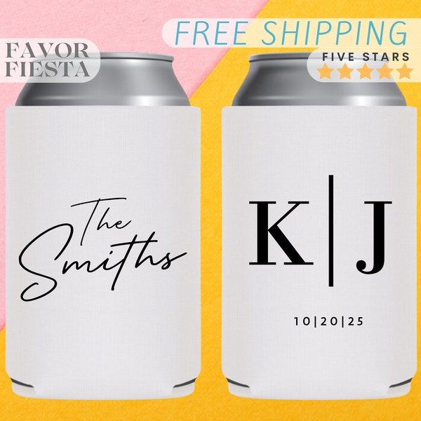 Monogrammed Personalized Wedding Can Cooler, Customizable Beverage Holder, Modern Wedding, Stylish Wedding Favor for guest in bulk