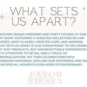 May include: A blue and white text graphic with the words "WHAT SETS US APART?" and "FAVOR FIESTA" on a white background. The text describes unique wedding and party favors available at an Etsy shop.