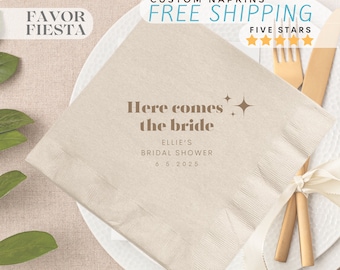 Custom Bridal Shower Napkins, Here Comes The Bride Napkin, Personalized Wedding Shower Decor, Engagement Party Napkins, Modern Script Napkin