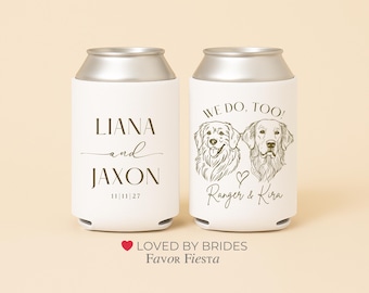 Custom Dog Wedding Can Coolers | We Do Too Pet Illustration Favor | Personalized Couple Names and Date | Dog Lover Wedding Favor | Handdrawn