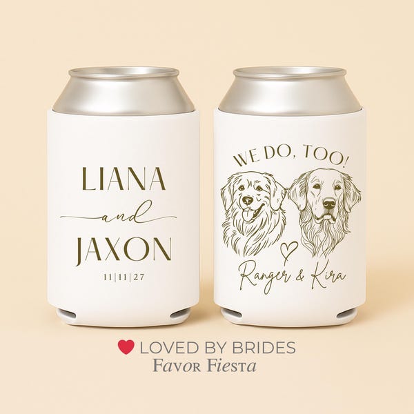 Custom Dog Wedding Can Coolers | We Do Too Pet Illustration Favor | Personalized Couple Names and Date | Dog Lover Wedding Favor | Handdrawn