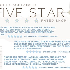 May include: Five star rated shop with customer reviews. The reviews highlight the fast shipping, great communication, and high quality of the products. The shop offers custom napkins, koozies, and cups.