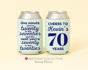 Custom 70th Birthday Can Cooler | Funny Milestone Party Favor | Cheers to 70 Years | Personalized Senior Birthday | Popular Favors for adult